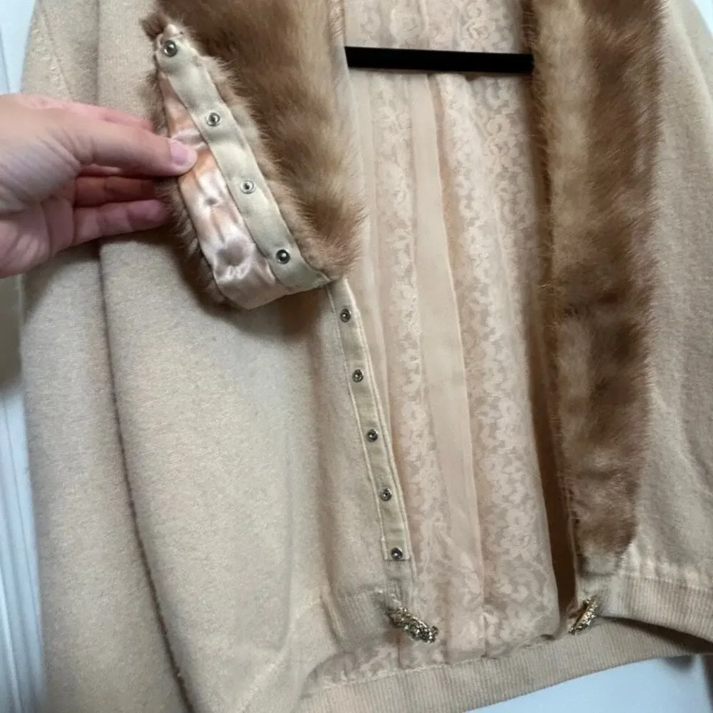 1950s Cashmere Cardigan Detachable Mink Fur Collar Rhinestone Clasp Glam SM - Picture 5 of 13